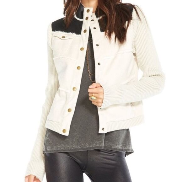 NWT Chaser Faux Suede Faux Fur Sweater Sleeve Snap Bomber Jacket w/ Pockets M - Picture 2 of 15